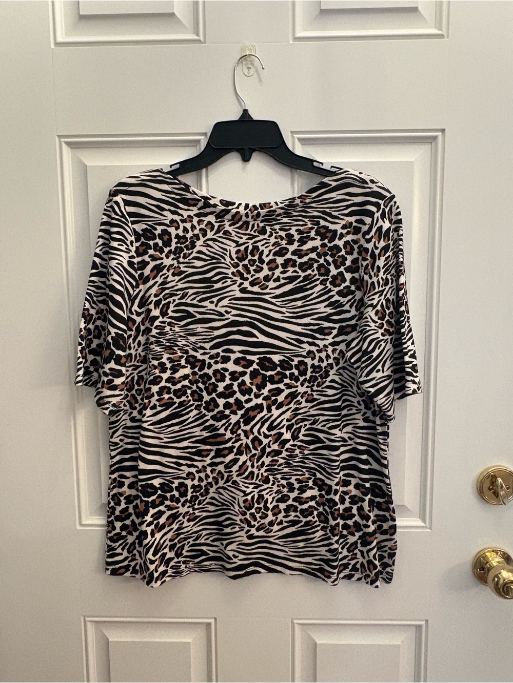 Charter Club Animal-Print Short Sleeve Top - Black, White & Brown